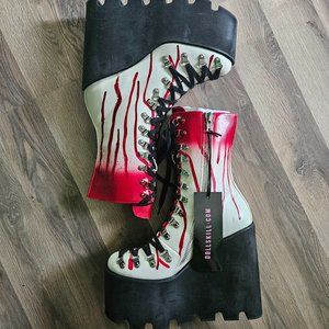 TRICKS N TREATZ SCREAM QUEEN TRAITOR BOOTS DOLLSKILL SZ 10 PAINTED PLATFORMS